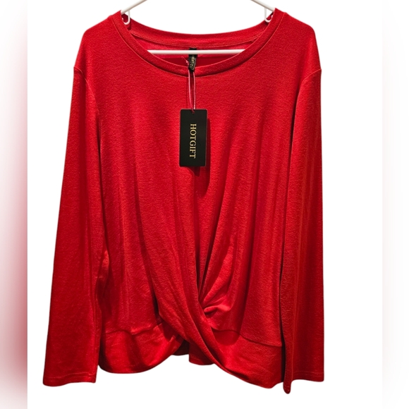 HOTGIFT Women's Long Sleeve RED Tunic Blouse Top Casual Front Twist T-Shirt- Lg - Picture 3 of 7